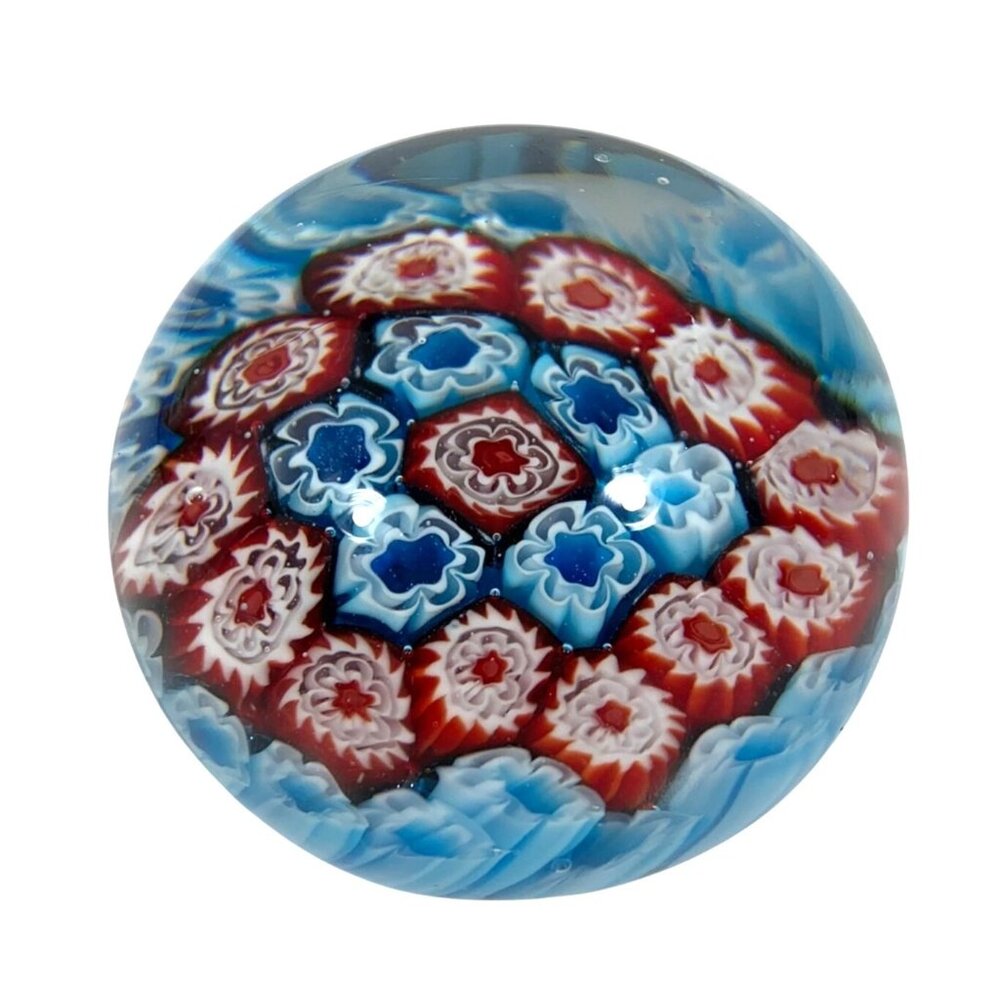 Vintage Patriotic Coloring Millefiori Glass Paperweight Red White Blue